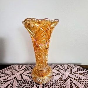 Vintage Imperial Marigold Iridescent Carnival Vase/Vintage Collectible Embossed Orange Heavy Glass Tall Vase/Collectors Gift/No.896