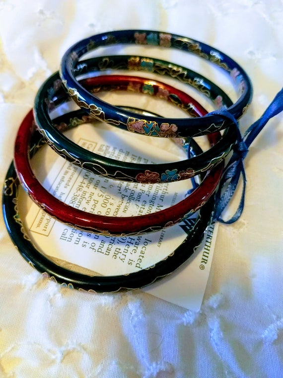 Vintage Set of 4 Cloisonné Bracelets/Enameled Bra… - image 3