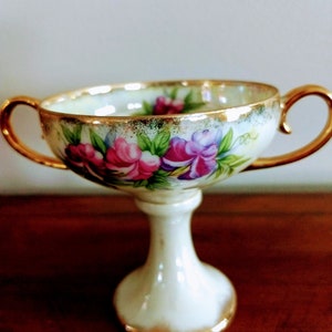 Footed Floral Pedestal Bowl/Vintage Hand Painted Porcelain Small Candy Dish/Rare 24K Gold Trim Two Handles Candy  Table Décor Bowl/No.117