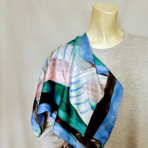 PURE SILK Pastels Colors Scarf/Ocean Blue Abstract Hand Painted Medium Size Rare Hand Rolled Elegant Soft Silky Neck Wrap/Gift Idea/No.640