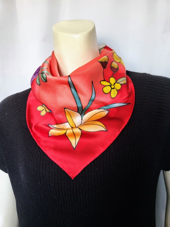 PURE SILK Square Scarf/Hand Rolled Super Soft Red… - image 2