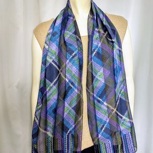 PURE SILK Anne KLAIN Scarf/100% Silk Long Blue and Green Elegant Designer Scarf/Small Indigo Zigzag Pattern Scarf/Gift For Her/Gift Idea/497