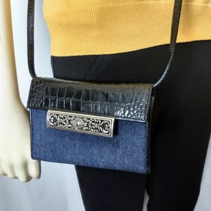 BRIGHTON Bolso bandolera de cuero/cuero negro en relieve tela azul oscuro diseñador decoración plateada/correa ajustable/idea de regalo/N356