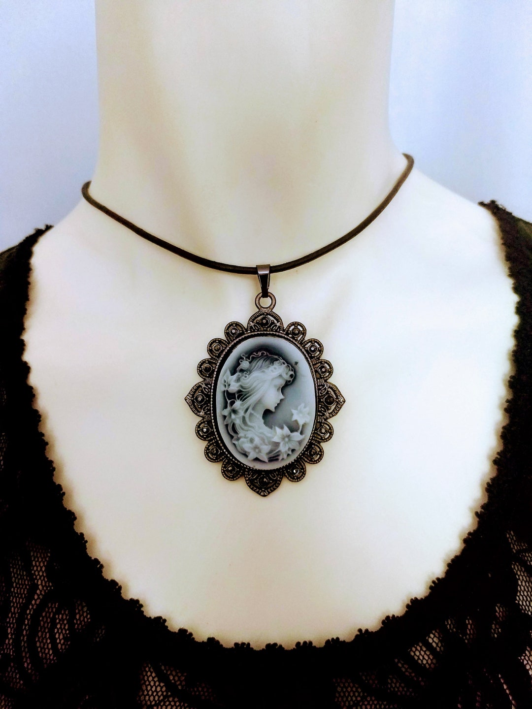 Grey Cameo Choker Pendant Necklace,cameo With Black Rhinestones,black ...