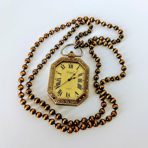 Antique Style Pocket Watch Pendant Necklace/Engraved Décor Brass Gold Battery Operated with Brass Beads Chain Collectible Watch Necklace/104