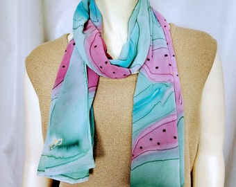 Hand Painted Unique Scarf/Large Pink Flowers Scarf/Blue and Green Shades Georgette Rare Elegant Long Scarf Shawl/Artist Signed Scarf/No.482