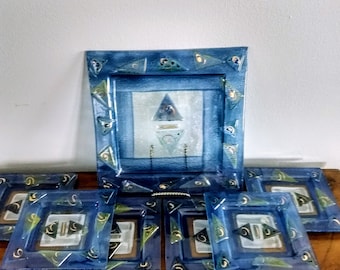 ITALIAN Fused Glass Dessert Plates Set of 7/Rare Blue and Gold Modern Graphic Designed Unique Decorative Glass Serving Set/One of a Kind/451