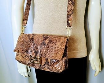 ITALIAN Snake Print Genuine Leather Shoulder Crossbody Bag/Animal  Honey Elegant Medium Size Italian Designer Vintage Bag/Gift For Her/No179