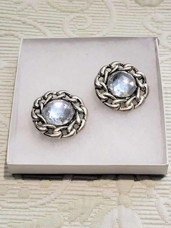 Huge Silver Plated Round Clip On Earrings/Chain L… - image 4