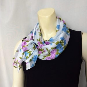 ITALIAN Pastel Floral Long Scarf/Blue and Lavender Flowers Print Summer Scarf/Rectangular Neck Wrap Scarf/Gift For Her/No.169