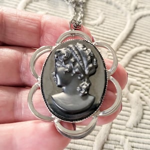 Black Cameo Pendant Necklace/Unique Revival Black Jet Glass Silver Crown Frame Vintage Style Cameo Jewelry Necklace/Gift For Her/No.715