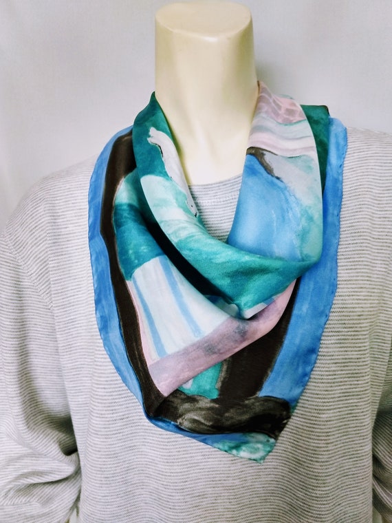 PURE SILK Pastels Colors Scarf/Ocean Blue Abstrac… - image 2