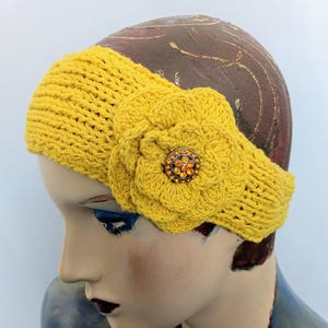 Yellow Knit Ear Warmer Wool Knitted Headband Adjustable Flower Décor Headband Gift/Gift For Her/Accessory Gift/No.282