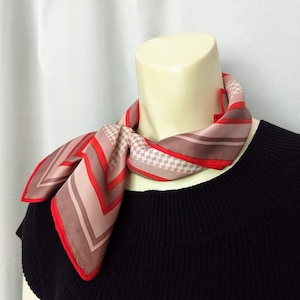 Small Square Silky Scarf/Modern Beige Brown Red Hounstooth and Straps Print Neck Wrap Scarf/Gift For Her/Gift Idea/No.995