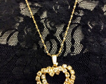 Double Heart Pendant Necklace/Gold Tone Rhinestone Heart Necklace 20" Long Necklace/Heart with Rhinestone Necklace/Gift For HerGift/No.506