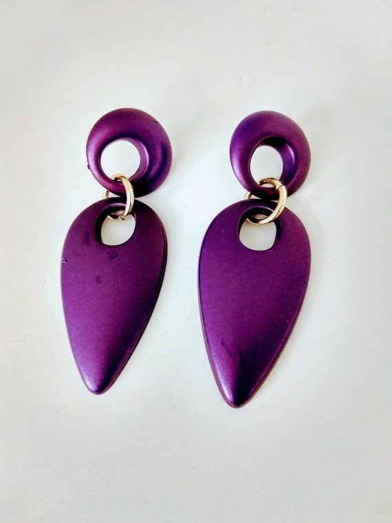 Huge Purple Dangle Earrings/Round Teardrop Caboch… - image 4