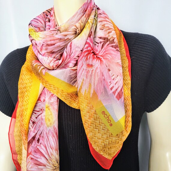 ECHO Large Square Floral Pattern Scarf/Multicolor… - image 6