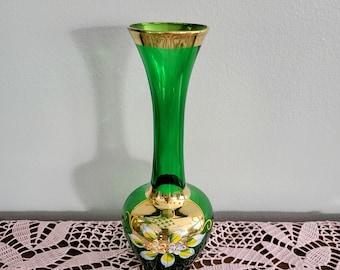 新品未使用　ムラーノガラス　花瓶　made inイタリア　グリーン ムラーノ エメラルドグリーン 花瓶：ヴィンテージ 24K ゴールド ハンド