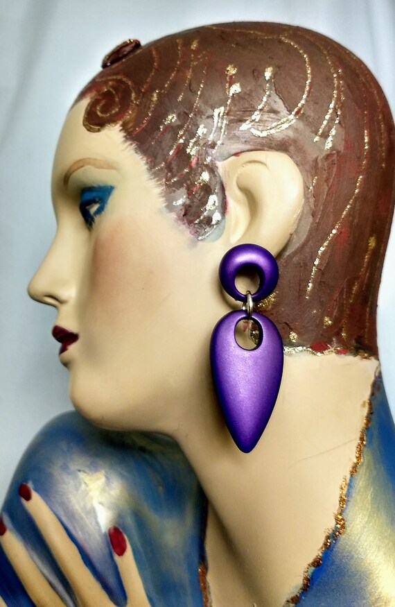 Huge Purple Dangle Earrings/Round Teardrop Caboch… - image 3