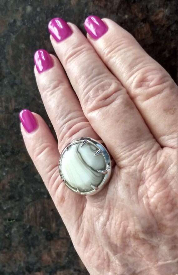 White Marble Designer Statement Ring/Big Round Di… - image 5