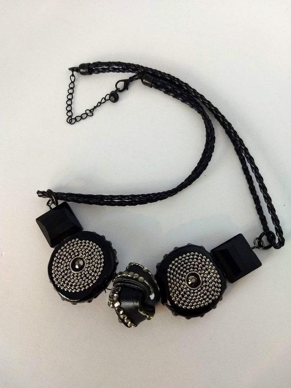 Rare Black & Silver Cabochon Necklace/Modern Geom… - image 3