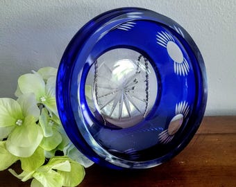 Kobaltblauwe kristalhelder gesneden vintage kom/moderne decoratie zware kristallen snoepschaal/modern elegant ontwerp snit/huisdecoratie cadeau/nr. 084