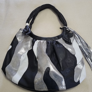 Large Leather Patchwork Tote Bag/Rare Vintage 80&#39;s Black White Silver Soft Leather Casual Oversize  Shoulder Bag/Gift For Her/gift Idea/N760