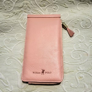 WILLIAM POLO Funda de teléfono de lujo y cartera de cuero larga/Elegante soporte de tarjeta de crédito rosa claro de diseño italiano y regalo de soporte de iPhone/No990