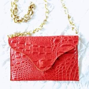 CROCO LEATHER Embrague rojo/monedero de cuero con correa de cadena/embrague con solapa en forma de sobre vintage/bolso de cuero croc rojo cruzado/regalo para ella/No.369