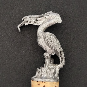 Pewter Bottle Stopper/Natural Cork and Pewter Wine Stopper/Unique Pelican Figurine Stopper/Bird Wine Bottle Décor Stopper/Gift Idea/No.792