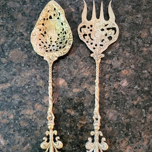 Set of 2 ITALIAN Vintage Silverware Salad Serving Spoon and Fork/Baroque Style Brass Decorative Ornate Filigree MONTAGNANI Collectible Set
