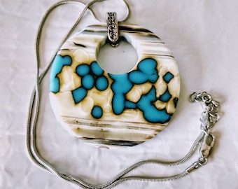 Double Faced Fused Glass Pendant Necklace/Large Blue Abstract Round Pendant/Unique Art Glass Pendant Necklace/Décor Glass Jewelry/No.443
