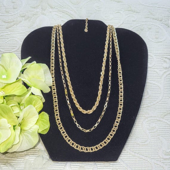 Layered Gold-Tone Three-String  Chains Necklace S… - image 1