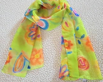 Made in ITALY Silky Soft Spring Lime Green Long Scarf/Elegant Colorful Pastel Floral Pattern Spring and Summer Decorating Neck Wrap/No.043