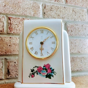 White Porcelain Limited Edition Mantel Clock/Collectible PS 1996 Paul Sebastian Gold and Pink Rosses Décor Battery Operated Clock/N465
