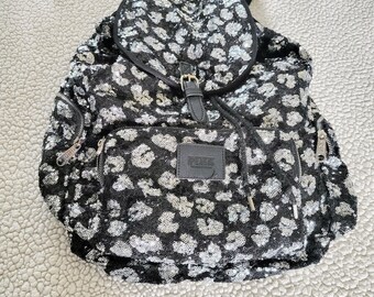 VICTORIA SECRET PINK Backpack/Black Canvas with Sparcling Silver Sequins  Cheetah Pattern Large Soft Backpack Fancy/Gift For