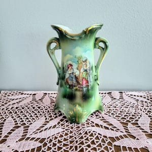 Antique AUSTRIAN Art Nouveau Twin-Handled Porcelain Vase 6&quot; Toll/Pastoral scene Hand Painted Scallop Rim with Gold Accent Bohemian Decor/098