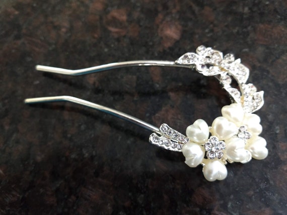 Silver Pearl and Rhinestone Hair Pin,Bridal Prom … - image 3
