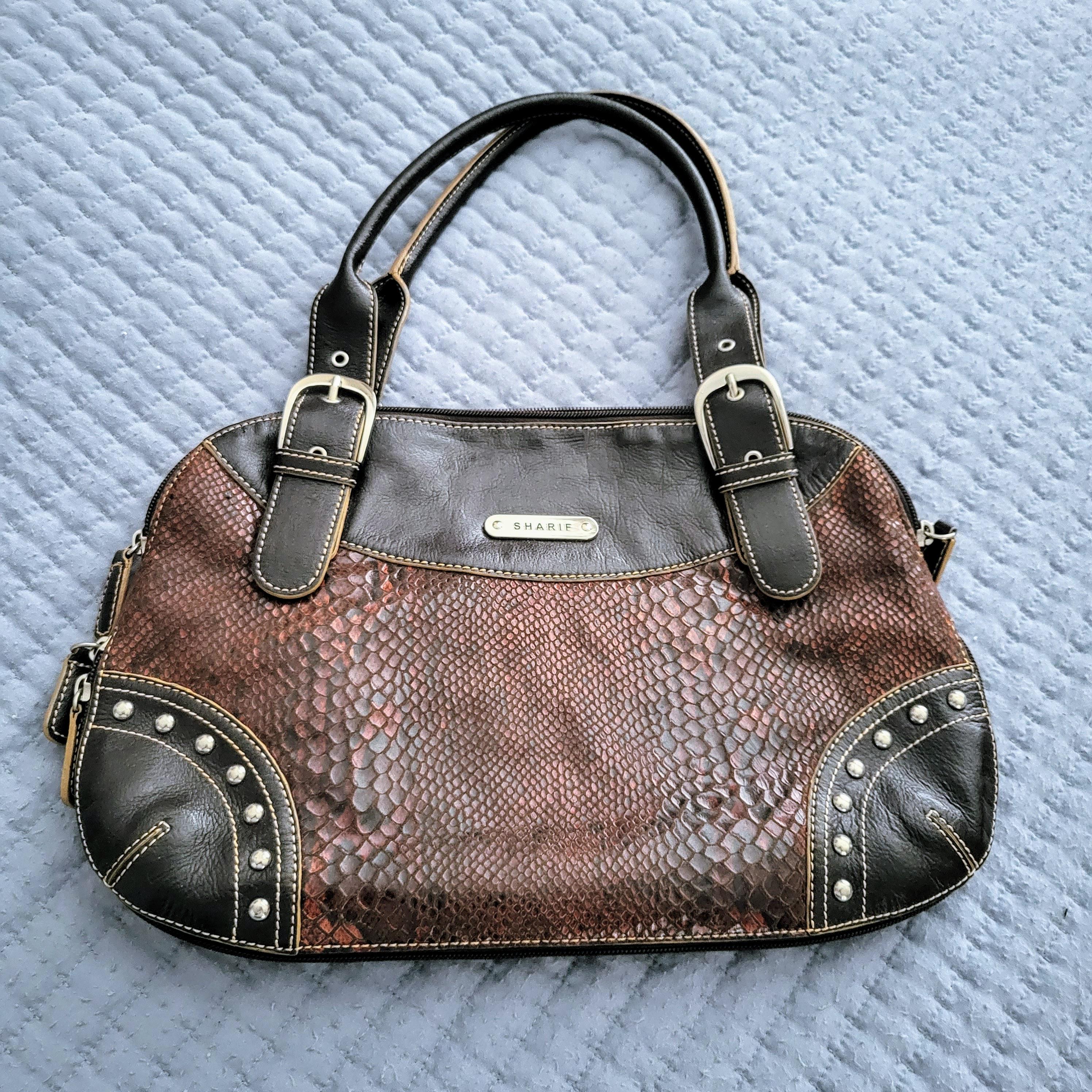 SHARIF STUDIO Brown Snake Embossed Leather Medium Handbag  Sharif Studio Embossed Leather Snakeskin Top Handle Bag & Make-Up Bag & Mirror main image 0