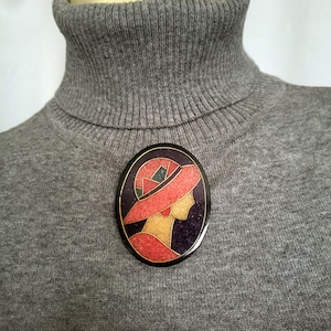 Rare Inlay Brooch Women in Hat LEE SANDS/Vintage Collectible Black Oval Modern Design Lady In Red Pin/Elegant Jewelry Gift For Her/No.845
