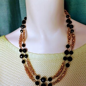 Vintage Gold Double Chain Necklace/Gold Chain & Black Beads Necklace/Double Strings and Crystal Beads Necklace/271