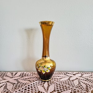 Venetian Hand Painted Amber Glass Vase/Vintage Made in Itali Glass 24Kt Gold Artwork Enamel 3D Floral Decor Collectible Vase/Gift Idea/No965