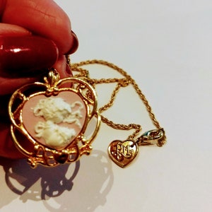 Precious Moment Cameo Necklace/Gold Plated Pendant Necklace/Vintage Gold PM Heart Pendant Necklace/ Pink 80&#39;s Cameo Pendant/Gift Idea/No.514