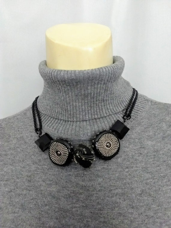 Rare Black & Silver Cabochon Necklace/Modern Geom… - image 7