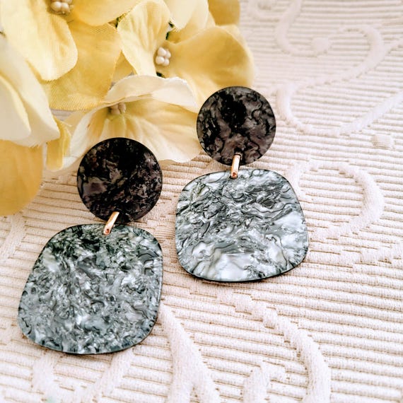 Huge Geometric Silver Grey Dangle Stud Earrings/U… - image 7