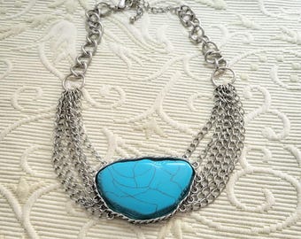 Huge Turquoise Cabochon Beeb Necklace Silver Tone Multi Strand Chain Boho Large Blue Decor Jewelry/49