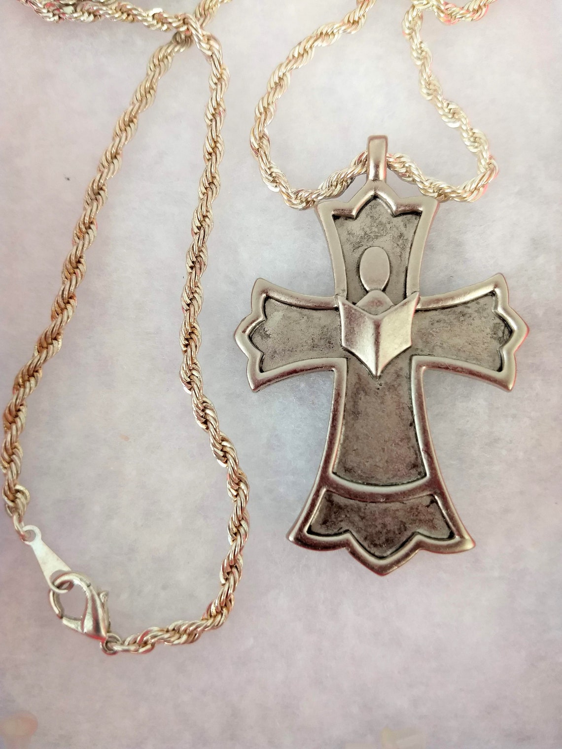 Religious Pendant NecklaceRare Pewter Large Cross Big Angel Etsy