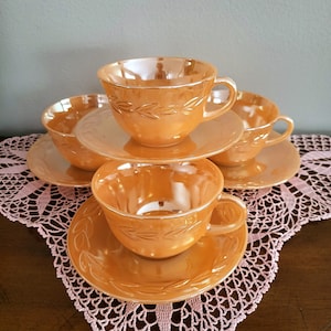 Set of 4/Anchor Hocking Fire King Peach Luster Laurel Teacups and Saucers/Collectible Mid-Century Elegant Tea Set/Gift idea/No.861