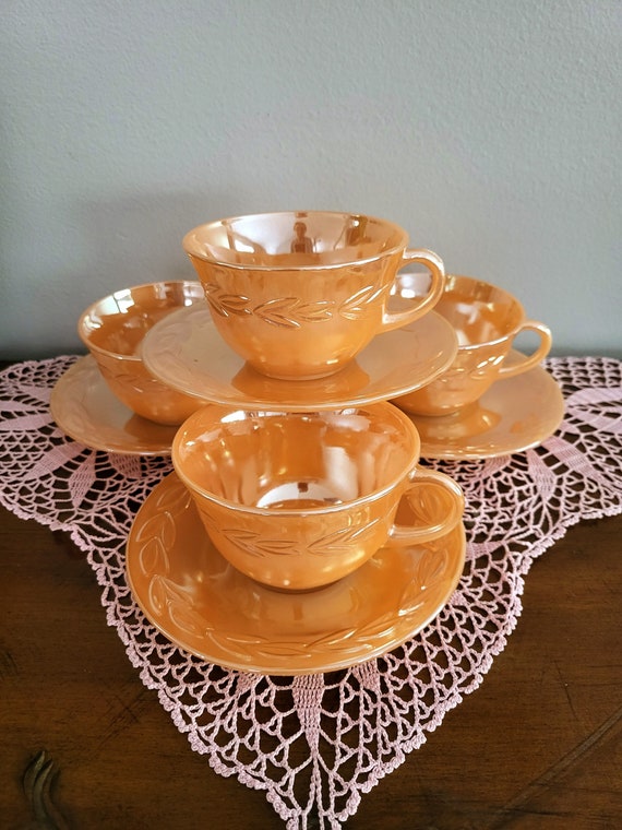 Set of 4/anchor Hocking Fire King Peach Luster Laurel Teacups and