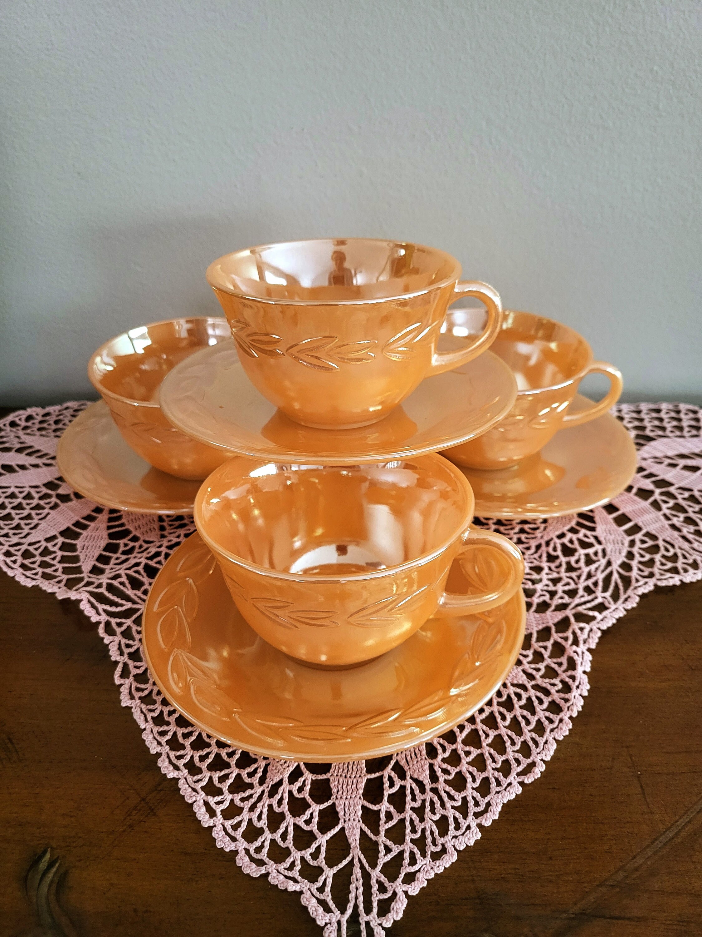Tasse à Thé Vintage Anchor Hocking Peach Lustre – Verre Orange + 2 Tasses